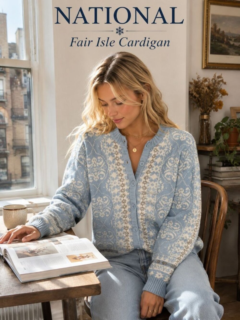 National Fair Isle Cardigan 1X Blue Ivory Nordic Sweater Snowflake Winter Knit